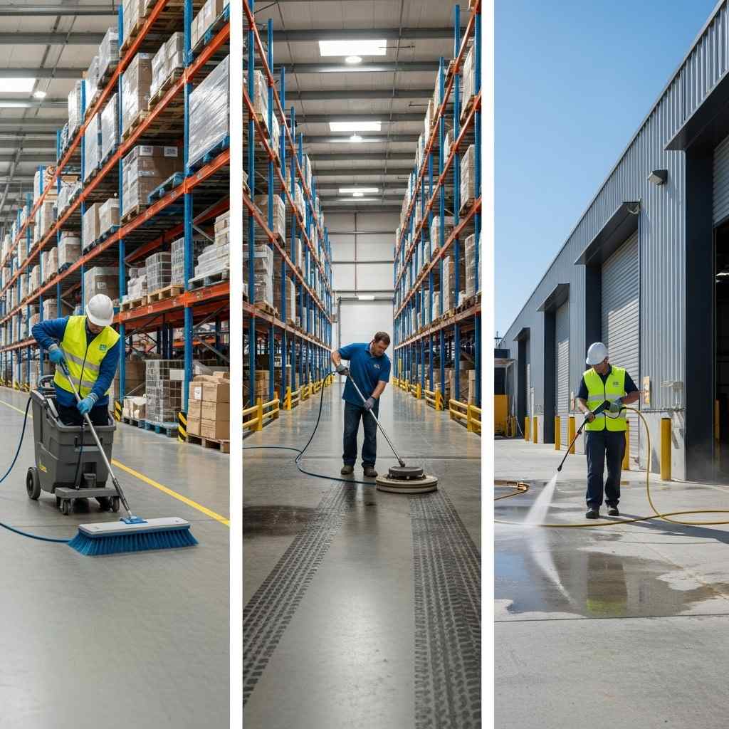 Comparison of warehouse sweeping, floor scrubbing and pressure cleaning in a Sydney warehouse and loading dock area