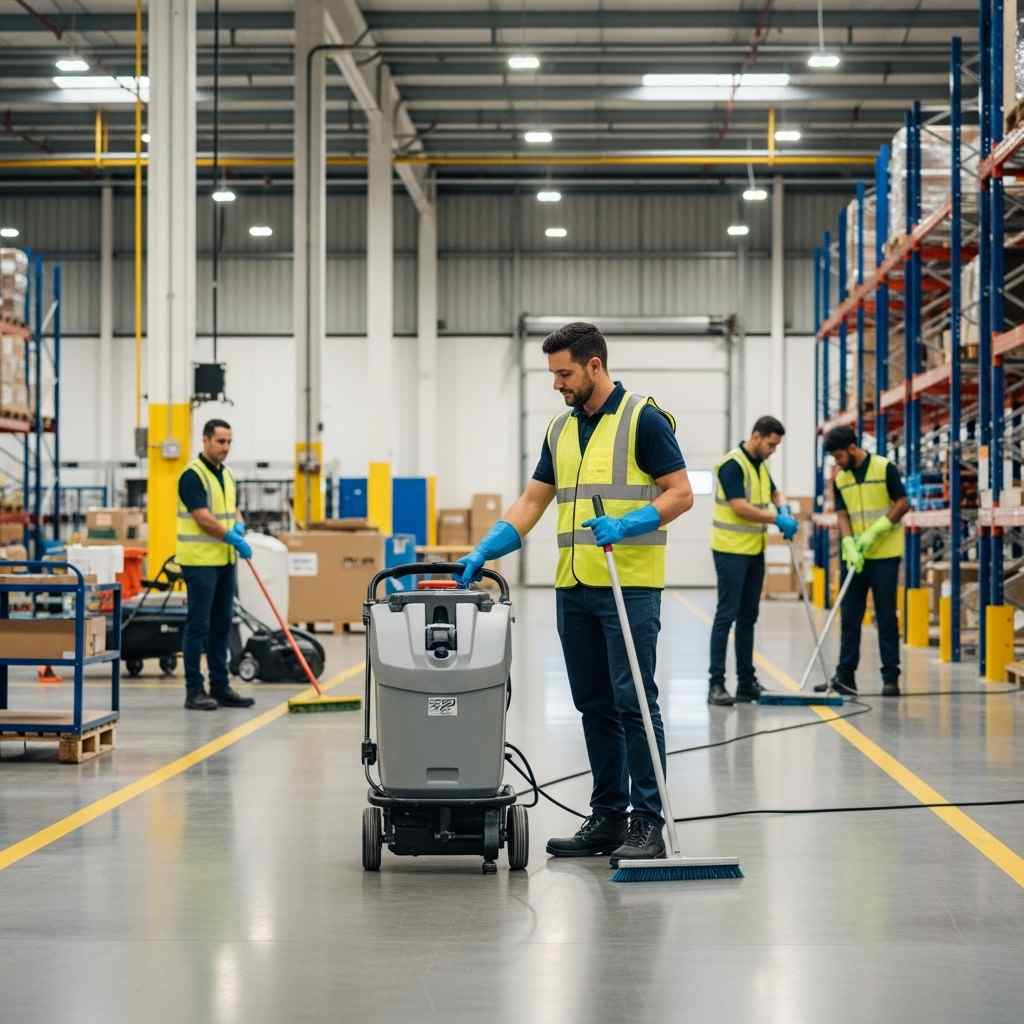 Professional warehouse cleaning team in Sydney working in a clean industrial facility with safe walkways and organised operational zones