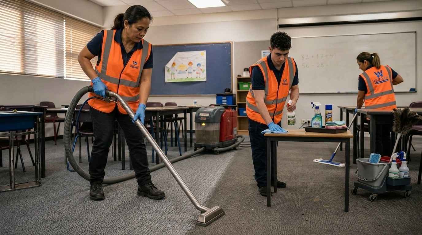 Carpet cleaning technician steam cleaning school classroom carpet after hours, visible clean-to-dirty transition line on educational loop-pile carpet tiles.