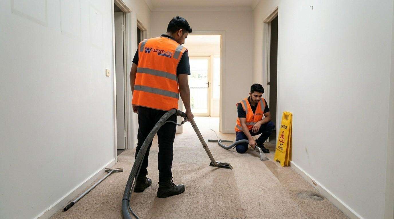 Carpet cleaning, Westlink Commercial, professional working down vacated rental house hallway, restoring heavily worn traffic lane carpet ahead of end-of-lease property inspection.