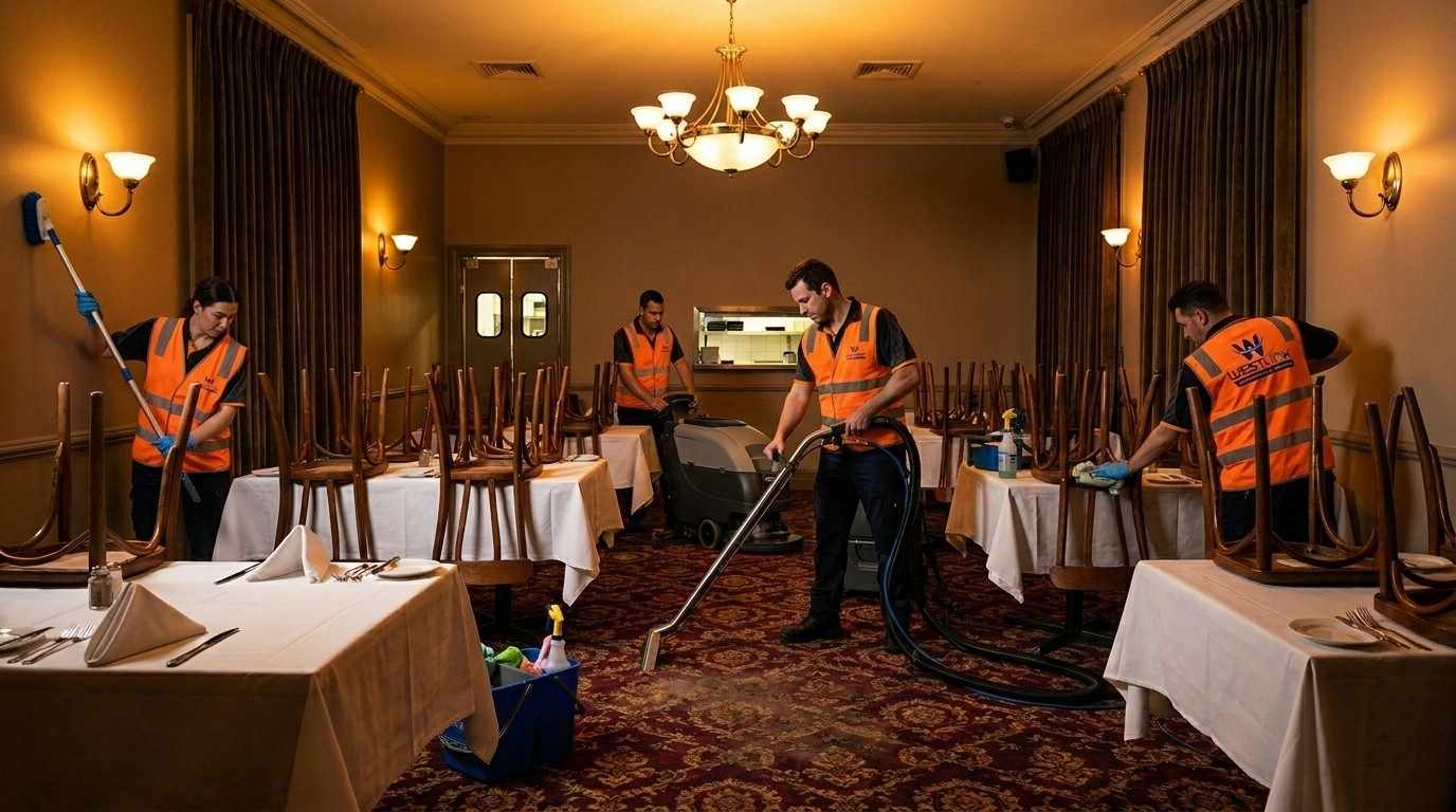 A professional cleaner from Westlink Commercial Cleaning carefully deep cleans a luxury hotel restaurant carpet late at night, with warm chandelier lighting, tables set for breakfast, chairs turned upside down, and rich patterned carpet showing a clear contrast between freshly cleaned and uncleaned areas.