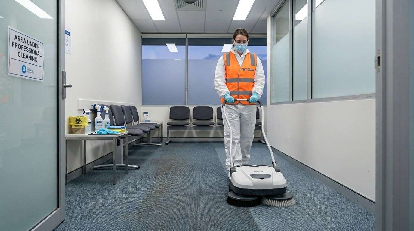 Here’s your **clear, easy-to-understand alt text** with your brand included: **Alt Text:** A professional cleaner from Westlink Commercial Cleaning wearing full protective gear carefully cleans a medical clinic waiting room carpet before opening hours, using specialised equipment with chairs lifted, safety signs in place, and a clear difference between cleaned and uncleaned areas under bright clinical lighting.