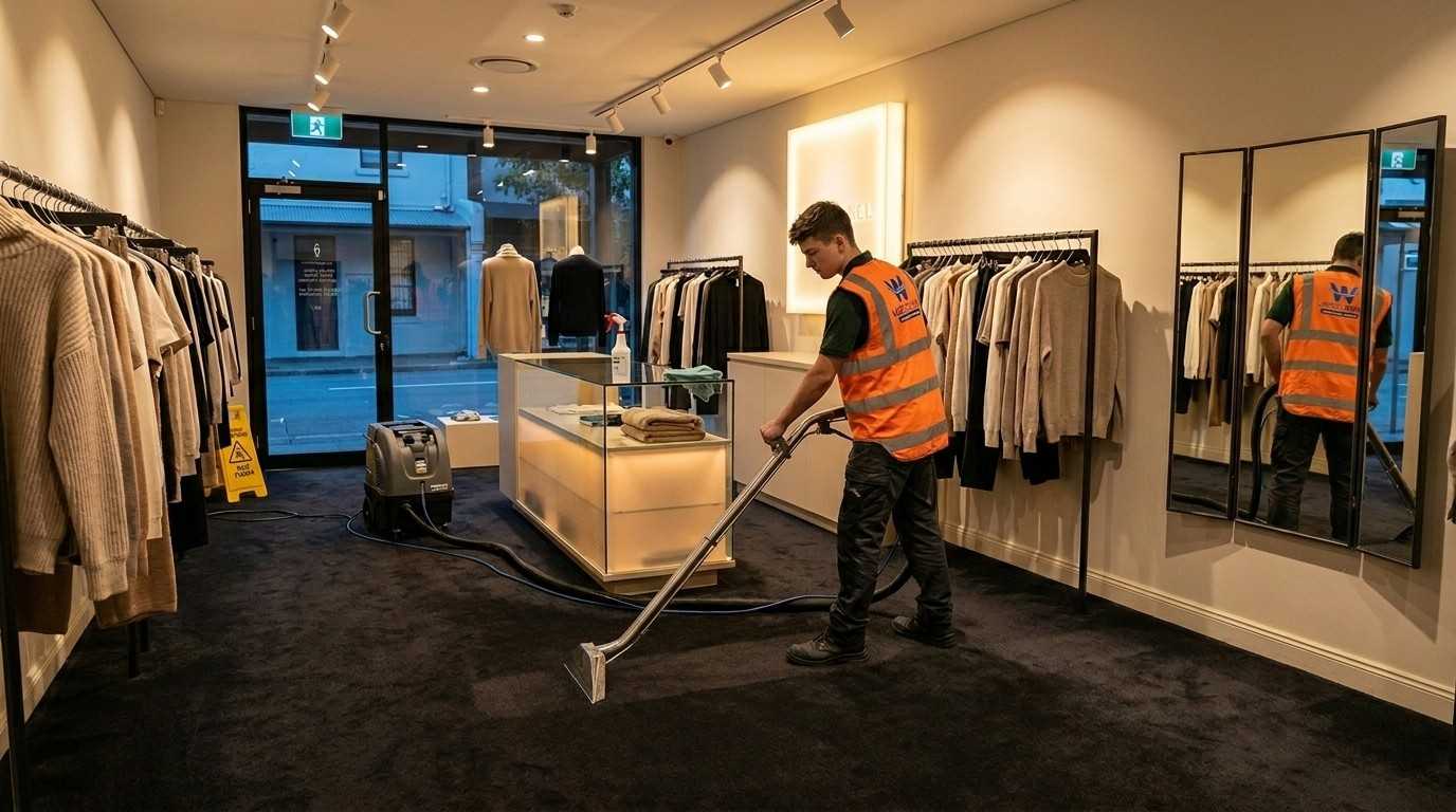 A professional cleaner from Westlink Commercial Cleaning carefully cleans the carpet inside a fashion retail store before opening, working between clothing racks under warm spotlight lighting, with mannequins, displays, and a visible contrast between freshly cleaned and worn carpet areas.