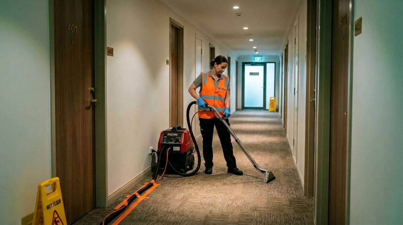 A professional cleaner from Westlink Commercial Cleaning works alone in a residential apartment hallway, using a carpet cleaning machine while moving down the corridor, with a visible difference between freshly cleaned and worn carpet under ceiling lights.