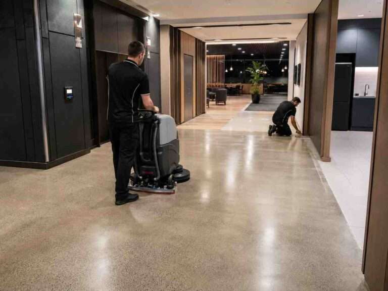 Two professional cleaners perform after-hours commercial floor cleaning in a modern Sydney multi-use site, with one operating a floor scrubbing machine in a wide corridor and another detailing the floor edge near a tiled walkway and staff area.