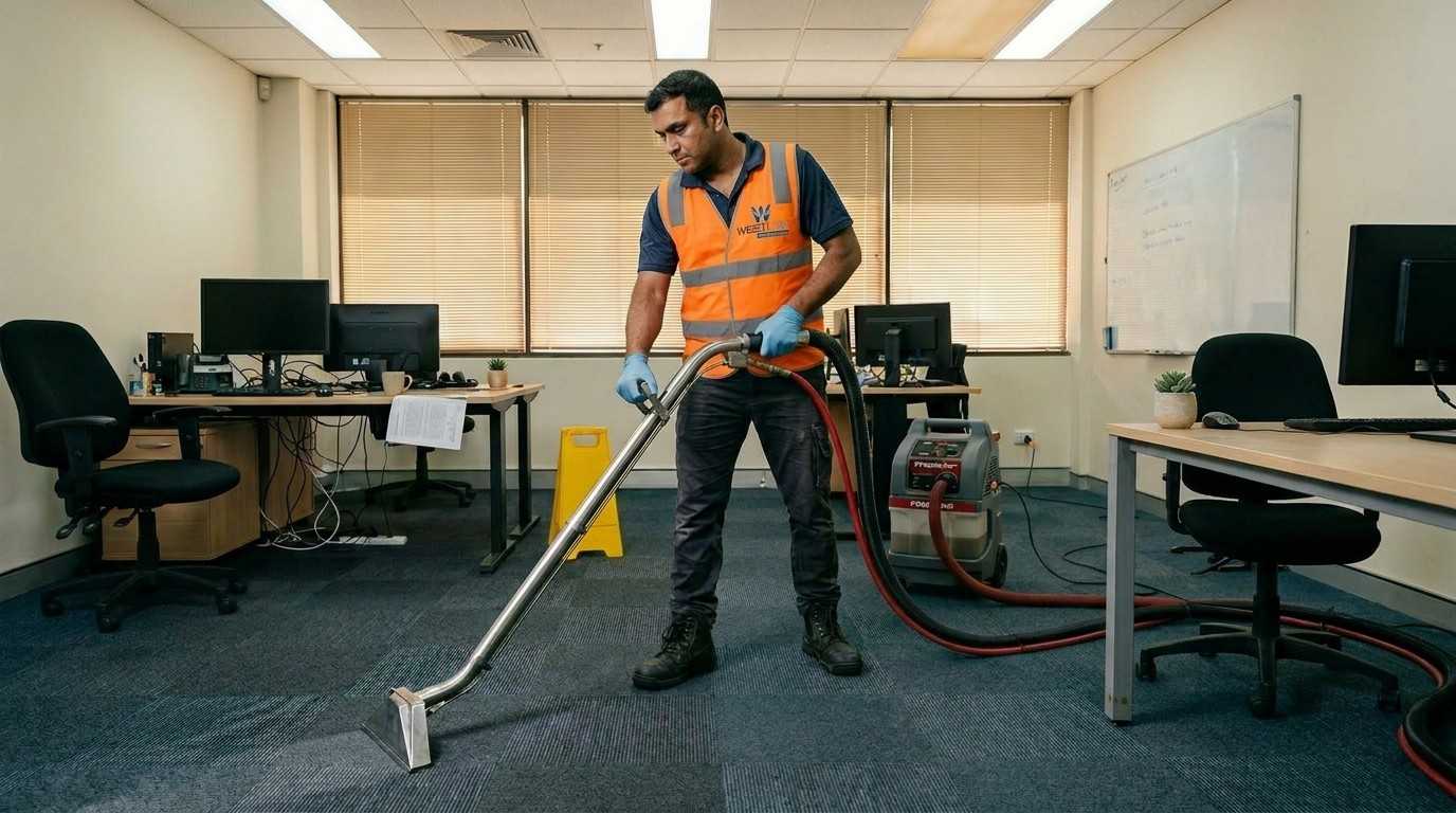 Westlink Commercial carpet cleaner using hot water extraction wand on commercial office carpet, showing clean and dirty carpet contrast mid-clean, Sydney CBD office.