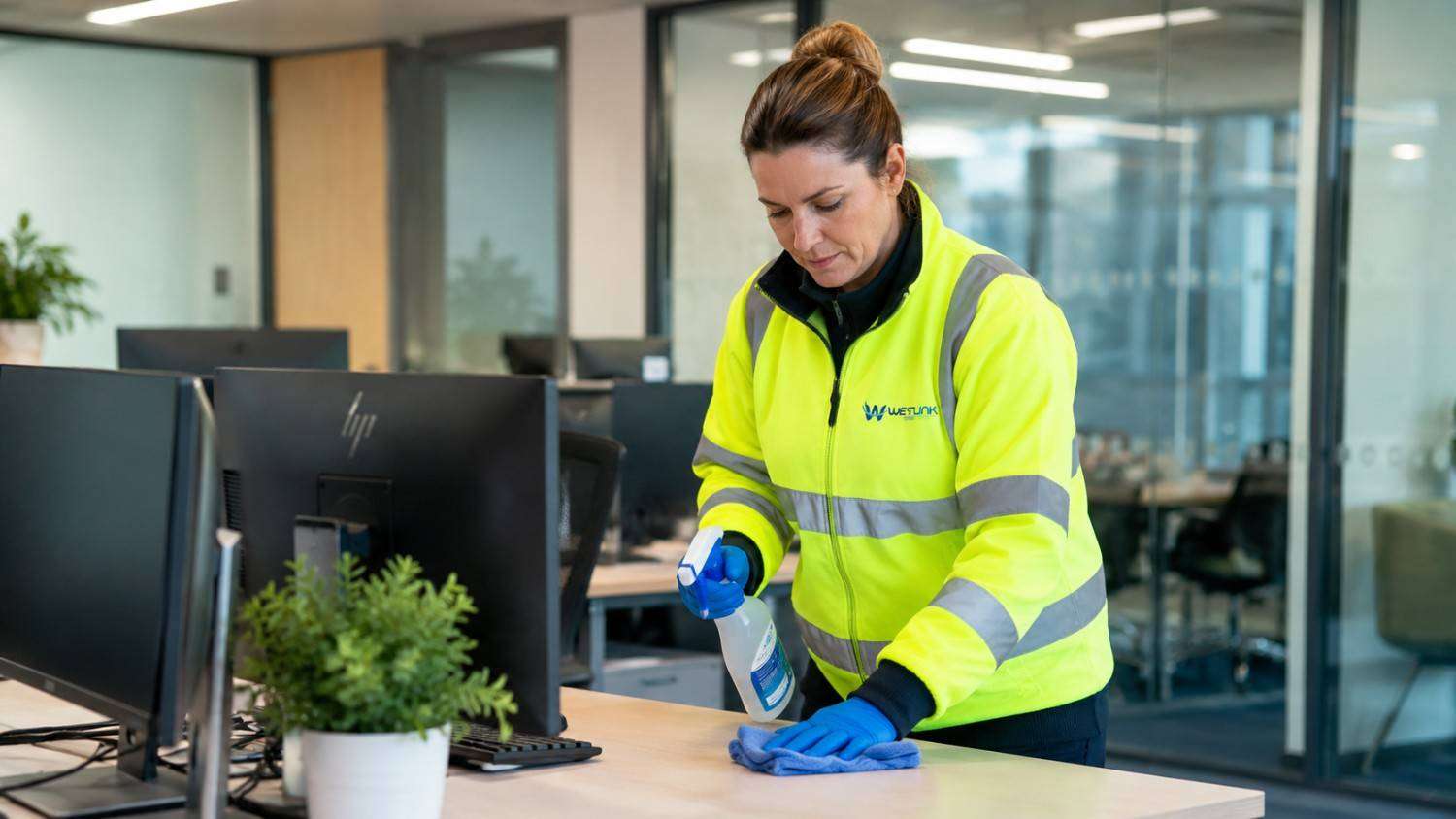 Westlink cleaner wiping a workstation in a modern Menai office.