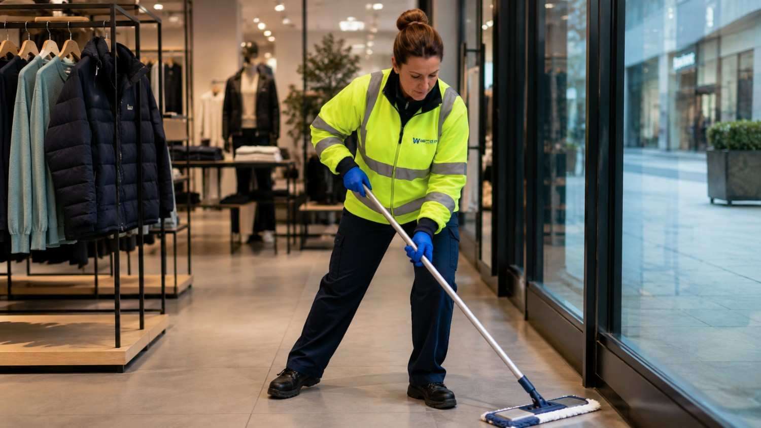 Westlink cleaner mopping the floor inside a modern retail showroom.