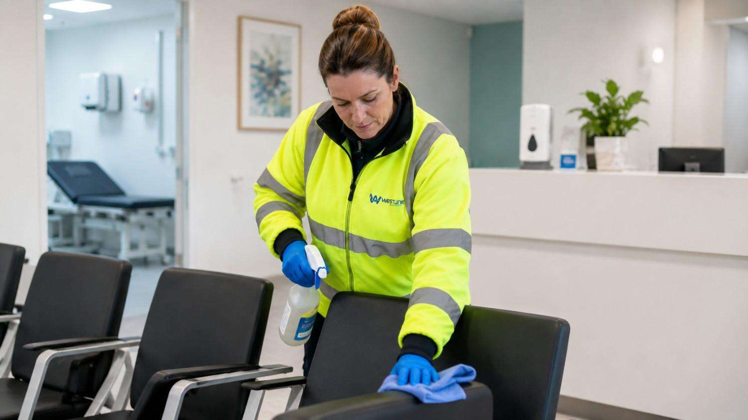 Westlink cleaner disinfecting chairs in a Menai medical clinic.