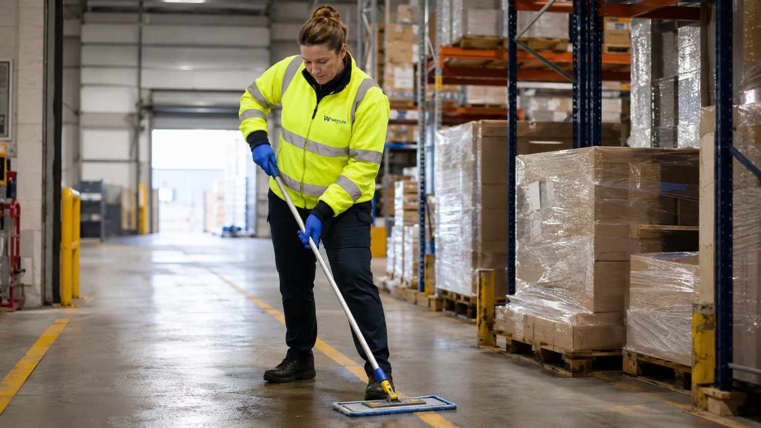 Westlink cleaner mopping a marked walkway in a Menai warehouse.