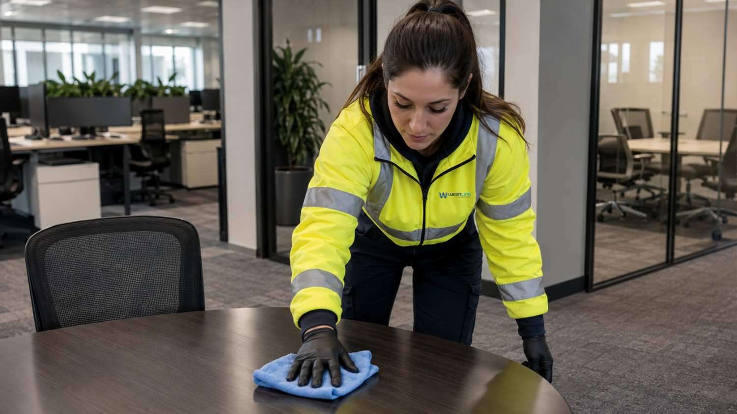 Westlink cleaner wiping a meeting table in a modern Epping office.