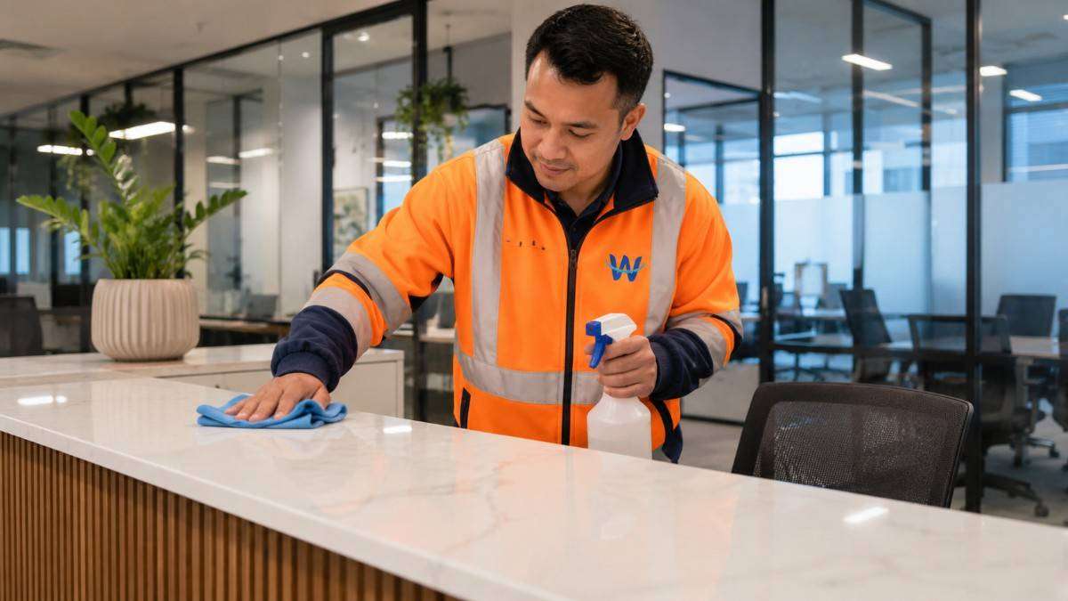 Westlink cleaner in an orange high-visibility jacket wiping a reception counter in a modern office.