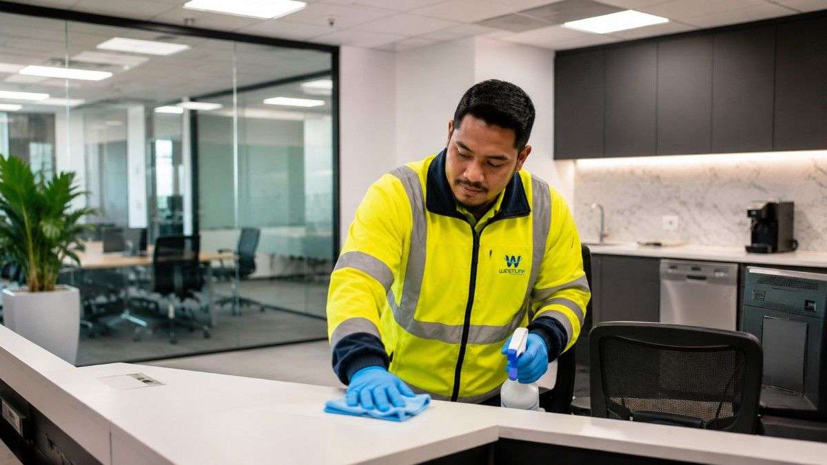 Westlink cleaner in a yellow high-visibility jacket wiping a reception counter inside a modern office.