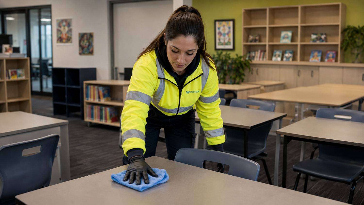 Westlink cleaner wiping a classroom desk in an Epping school.
