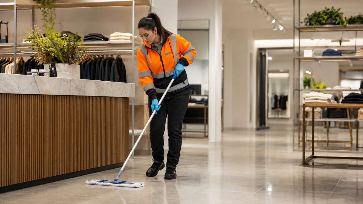 Westlink cleaner mopping the floor inside a modern retail clothing store.