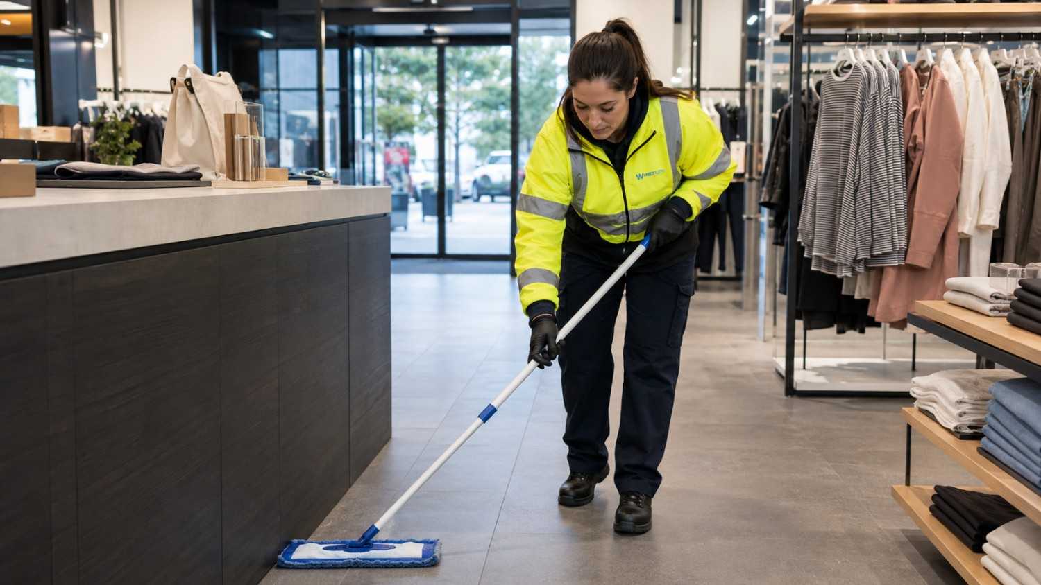 Westlink cleaner mopping the floor inside an Epping retail store.