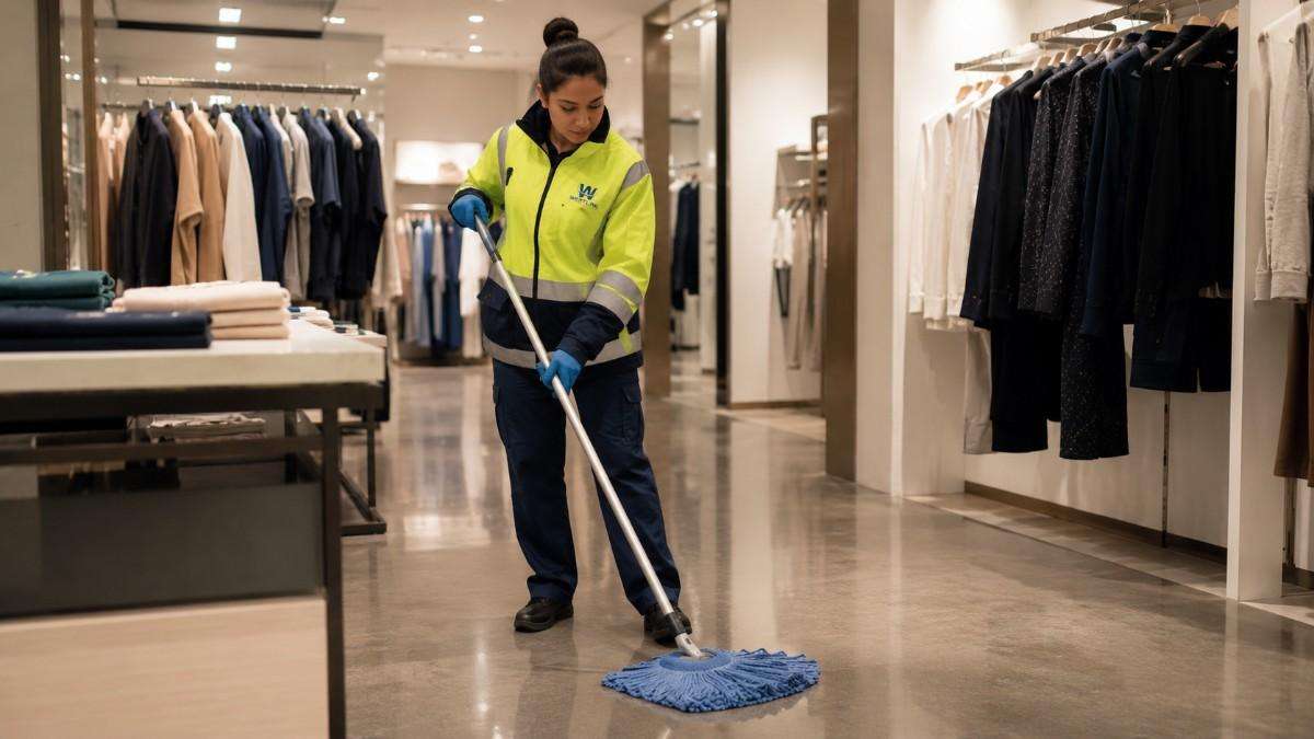 Westlink cleaner mopping the polished floor of a modern clothing store.