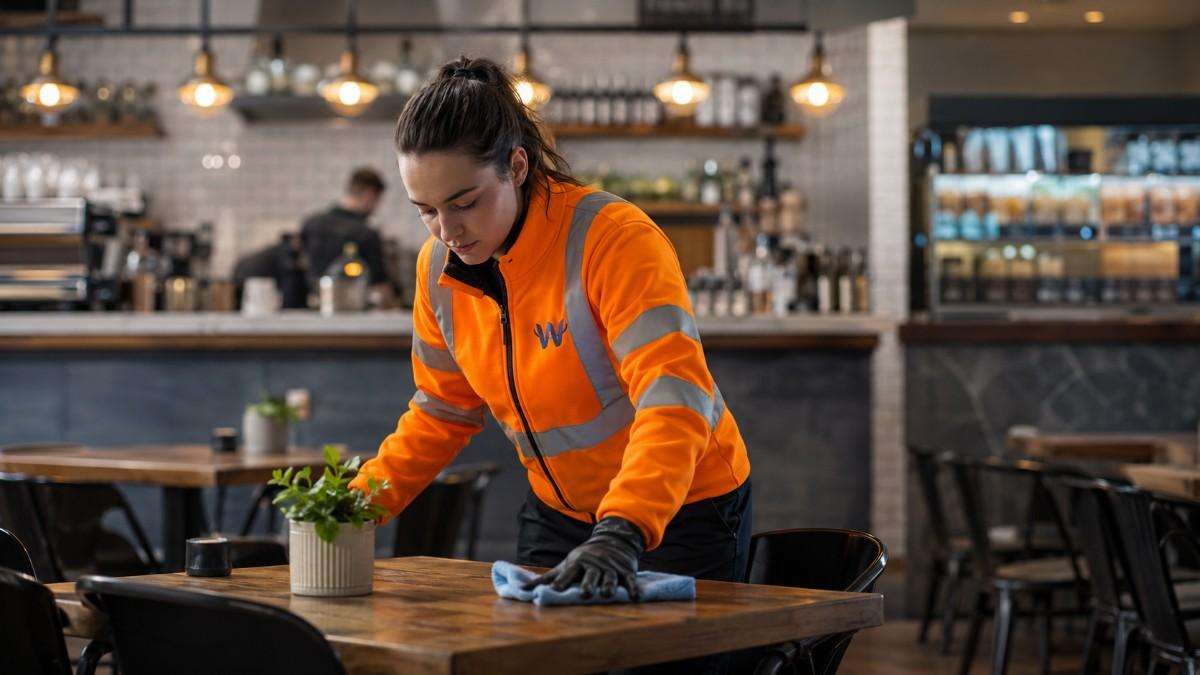 Westlink cleaner wiping a dining table inside a modern café.