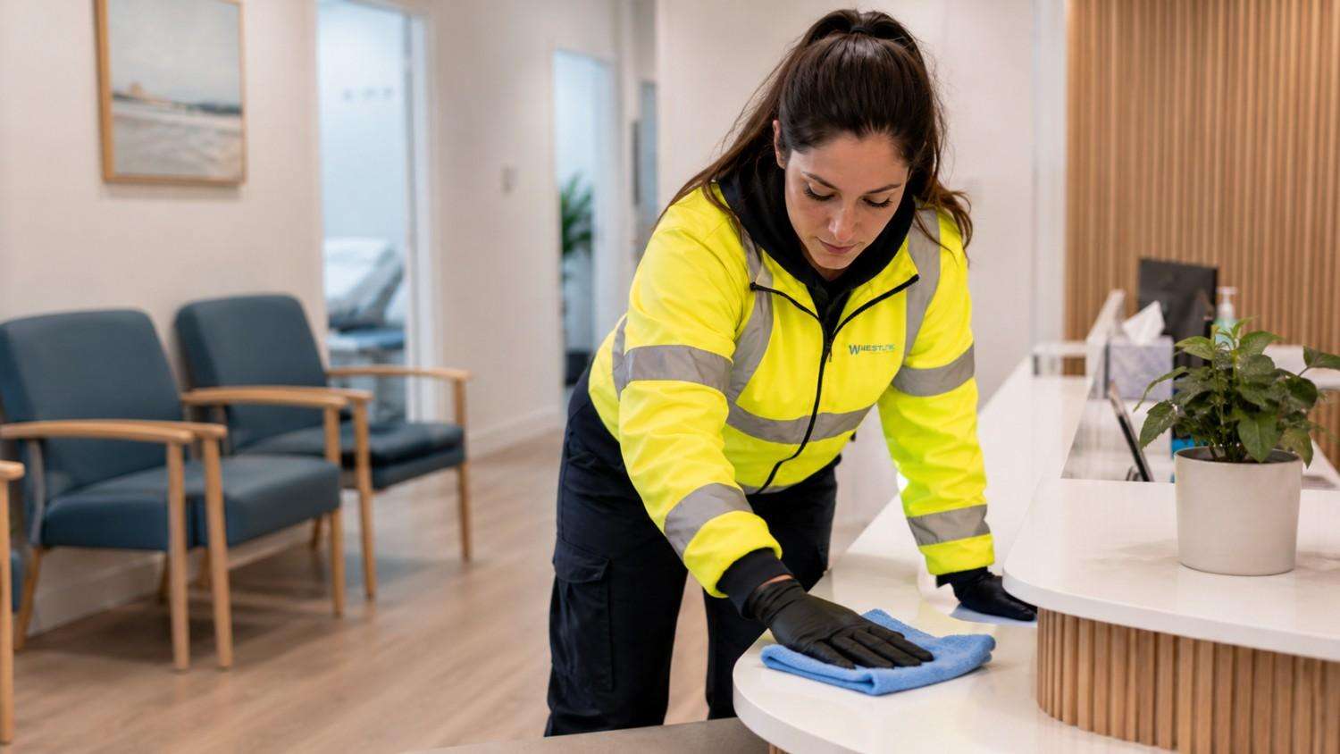 Westlink cleaner sanitising a reception counter in an Epping clinic.