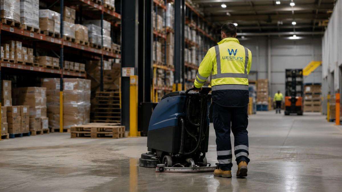 Westlink cleaner operating an industrial floor scrubber inside a warehouse.