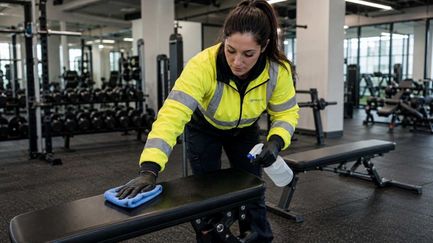 Westlink cleaner disinfecting a gym bench at an Epping fitness facility.