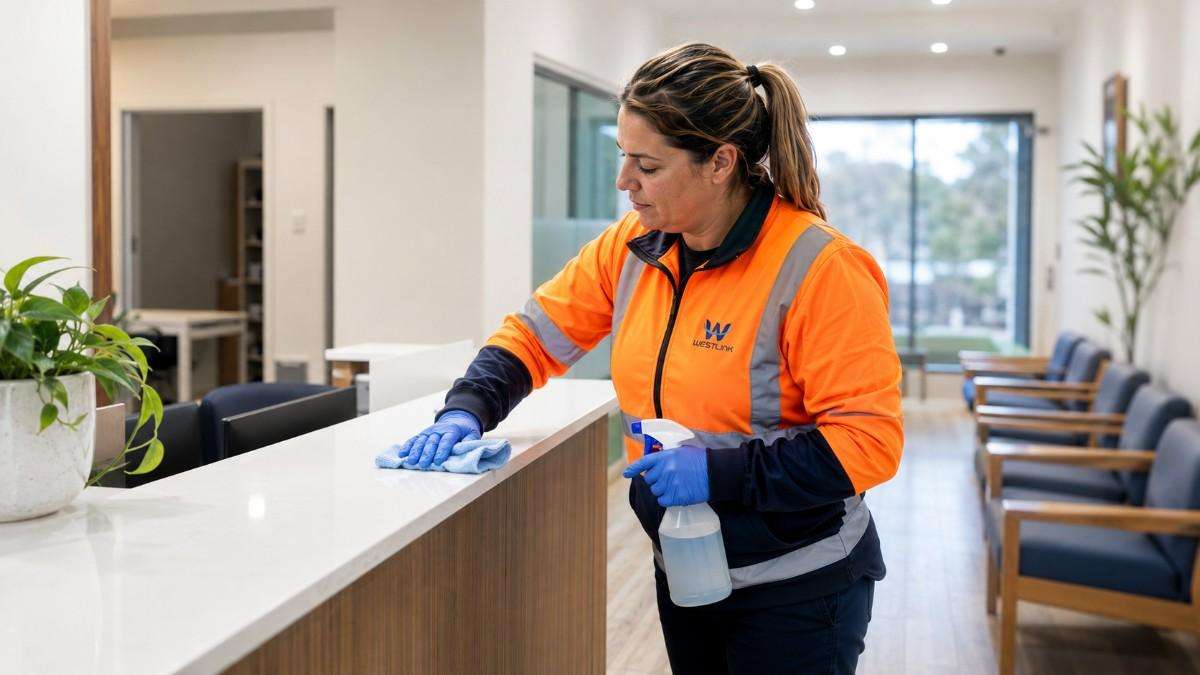 Westlink cleaner disinfecting a reception counter in a bright healthcare waiting area.