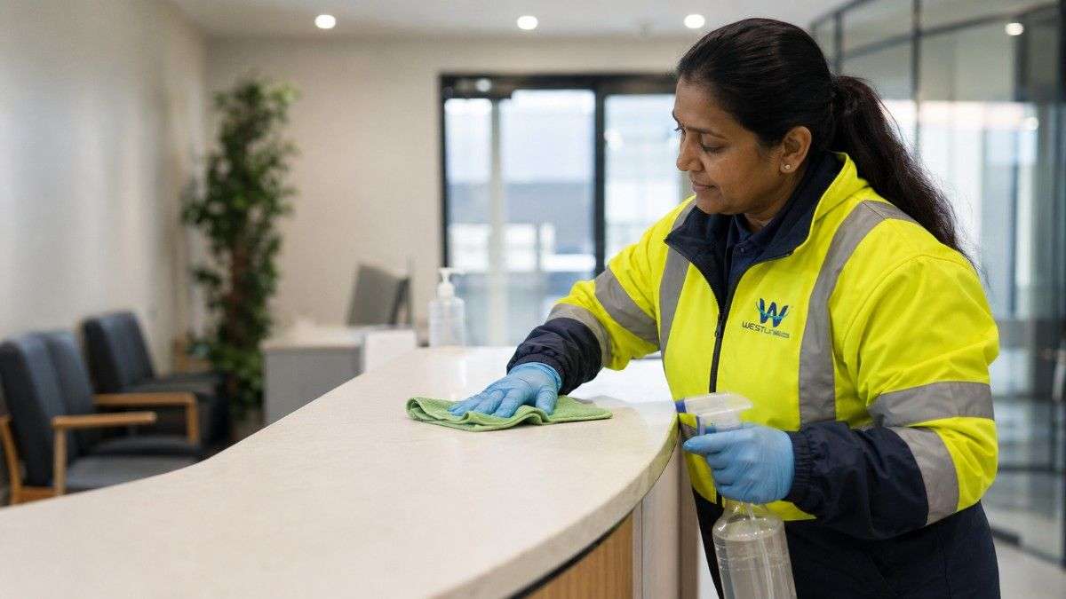Westlink cleaner disinfecting a reception counter in a bright healthcare facility.