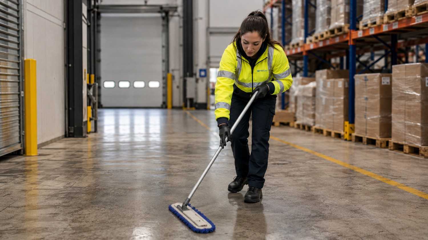 Westlink cleaner mopping a warehouse floor in Epping.