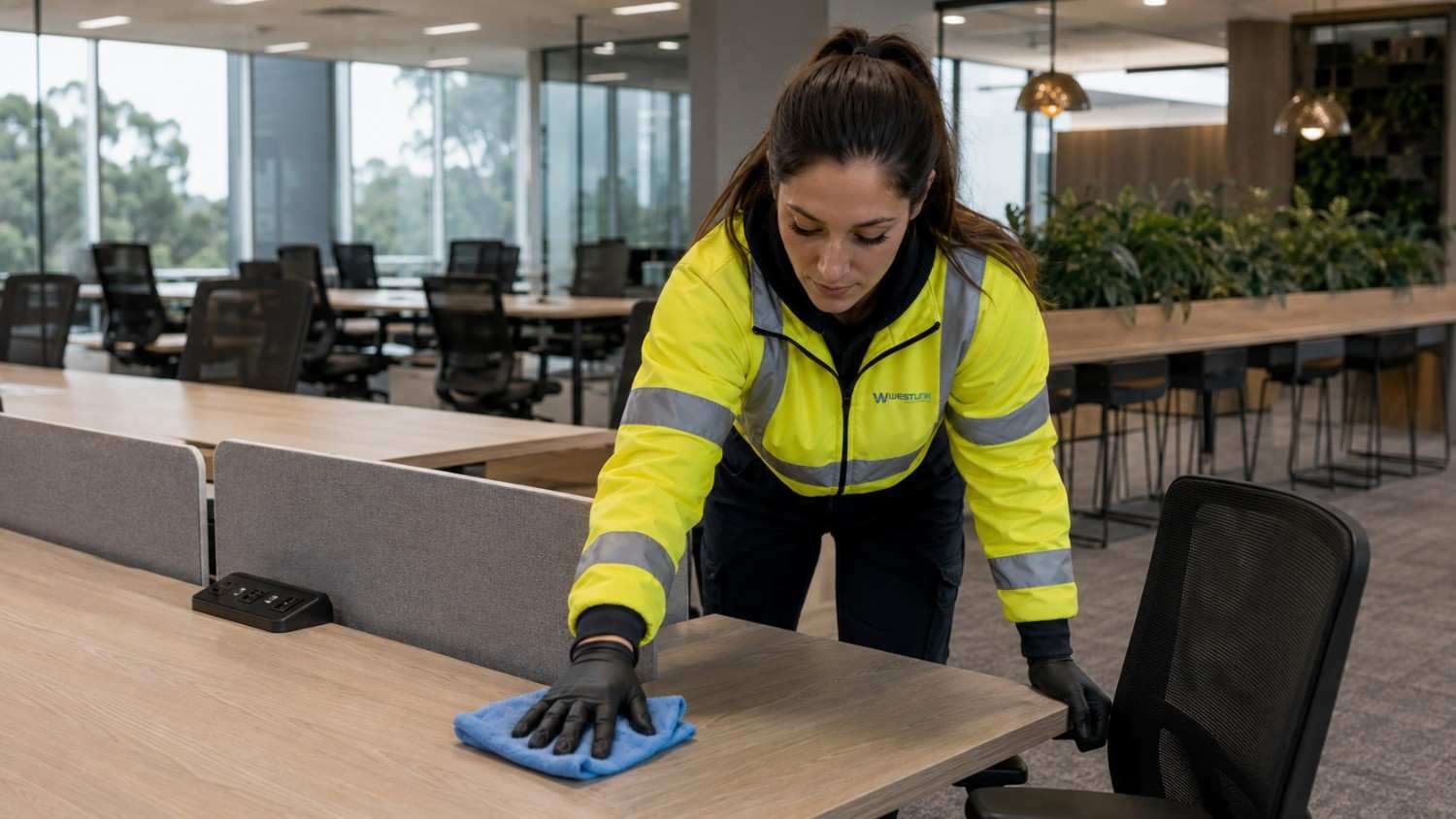 Westlink cleaner wiping a hot desk in an Epping coworking space.
