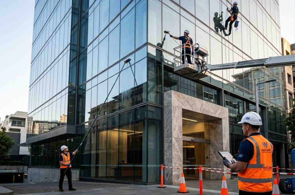 Professional window cleaners using elevated work platform and rope access for high-rise building cleaning.