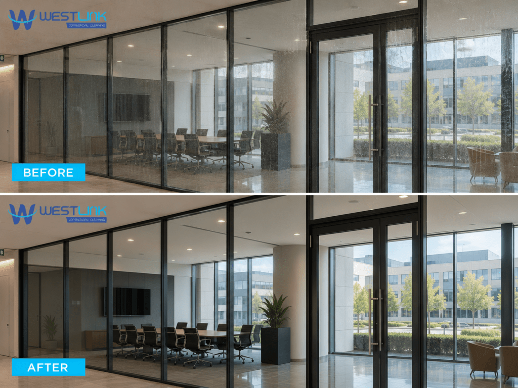 Before-and-after comparison of interior commercial glass cleaning, showing heavily streaked conference room partitions and entrance doors above, and clear, spotless glass below.