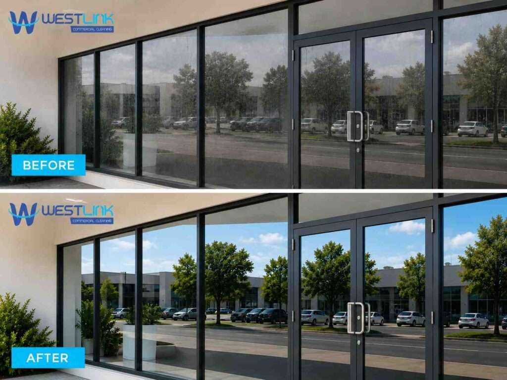 Before and after comparison of commercial storefront window cleaning by Westlink Commercial Cleaning, showing dirty glass transformed into clear, streak-free windows.