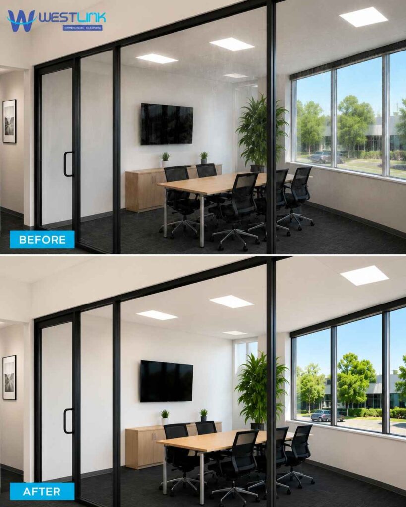 Before and after comparison showing commercial window cleaning results with dirty office glass transformed into clear, spotless windows by Westlink Commercial Cleaning.