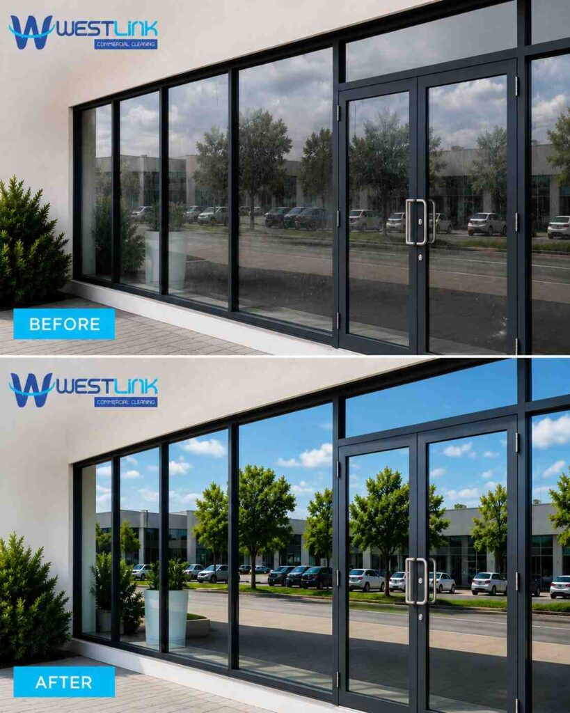 Before and after comparison of commercial window cleaning showing a dirty glass storefront transformed into clean, clear windows with improved visibility and professional presentation by Westlink Commercial Cleaning.