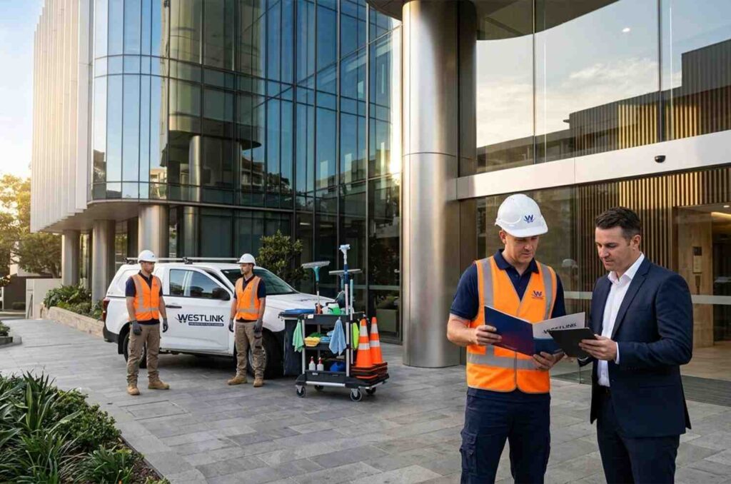 Westlink cleaning supervisor reviewing a commercial glass cleaning plan with a client.