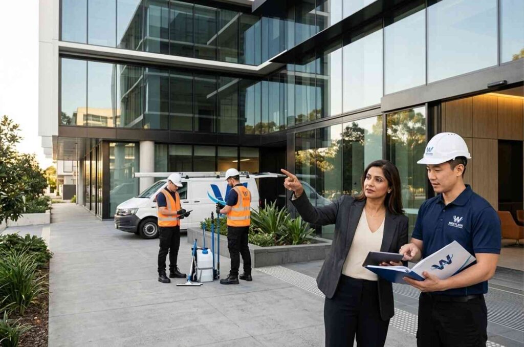 Commercial window cleaning consultant discussing maintenance requirements with a client outside an office building.