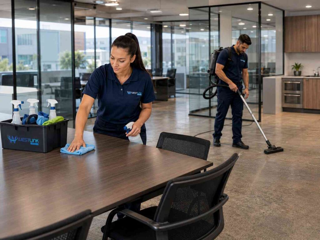 Westlink Cleaning Services team performing professional commercial office cleaning in Silverwater workplace