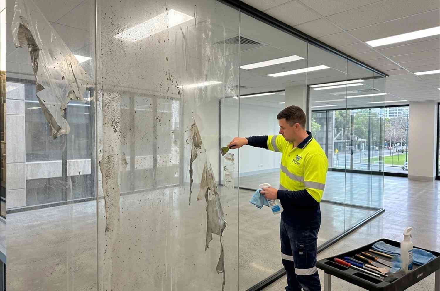 Commercial cleaner removing construction residue from an interior glass partition.