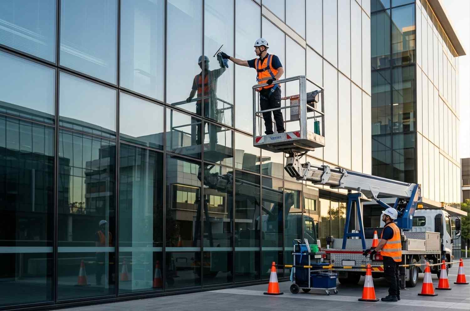 Professional technicians using an elevated work platform to clean high-rise commercial windows safely.