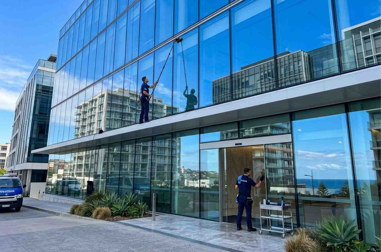 Cleaner using a water-fed pole on the exterior windows of a commercial building.