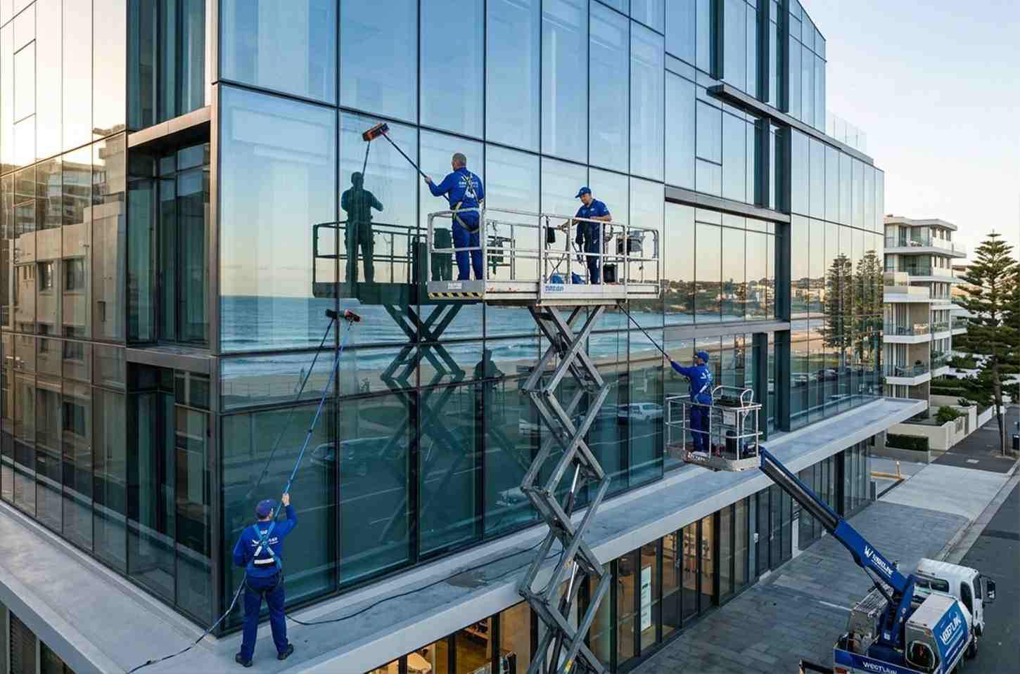 Westlink team cleaning a multi-storey glass façade with access platforms.