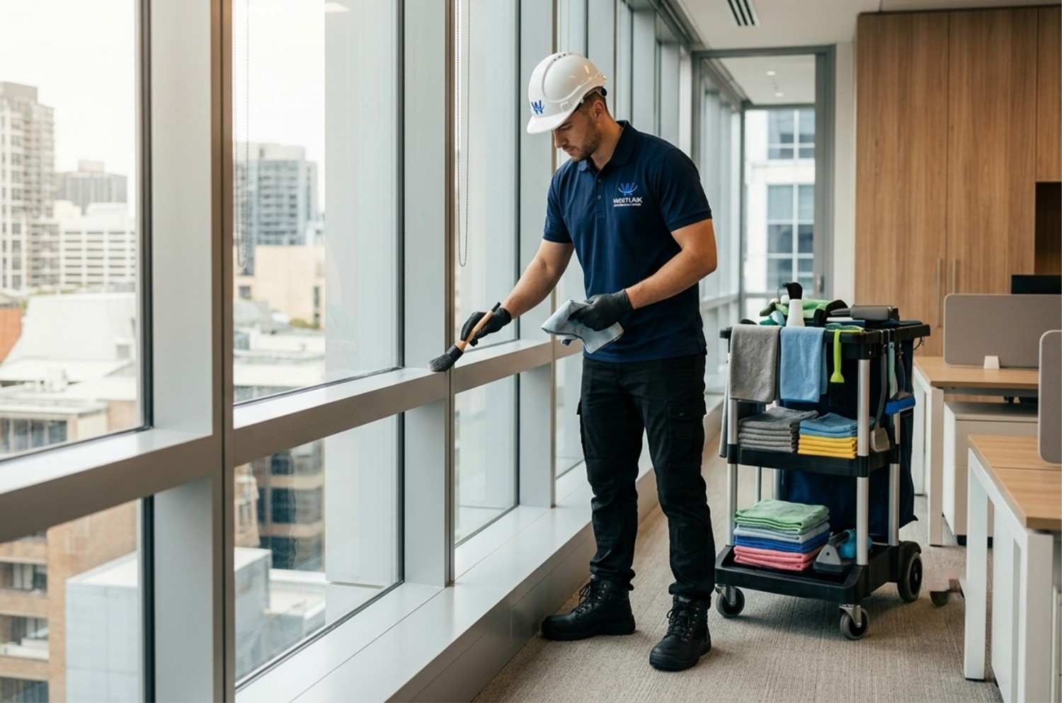 Professional cleaner dusting interior window frames and sills in a modern office building.