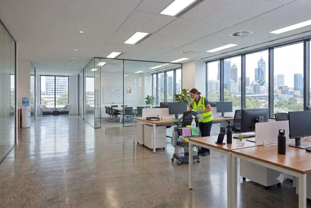 Professional office cleaner sanitising workstations in a modern commercial office environment