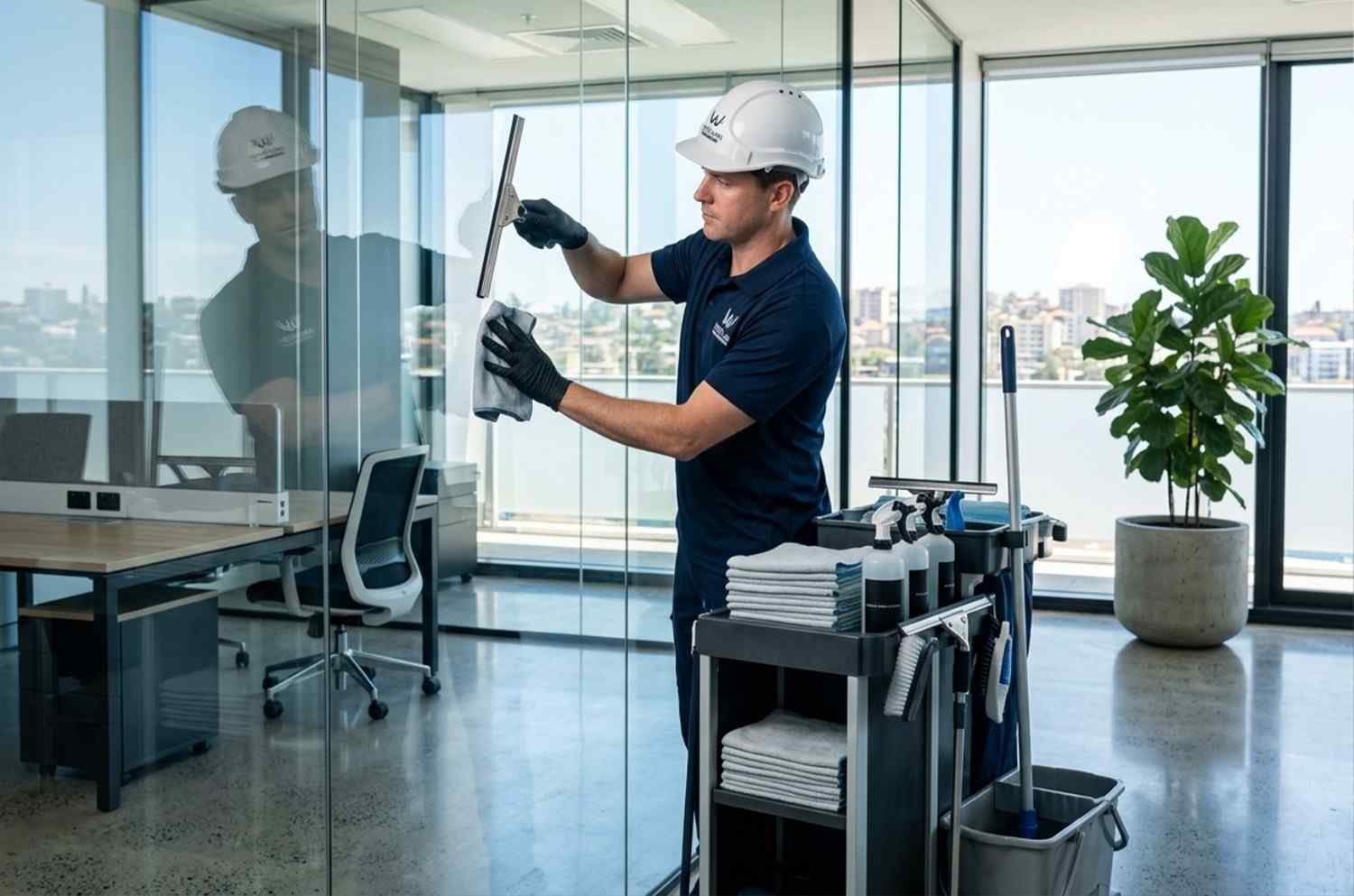 Professional cleaner squeegeeing an interior office glass partition.
