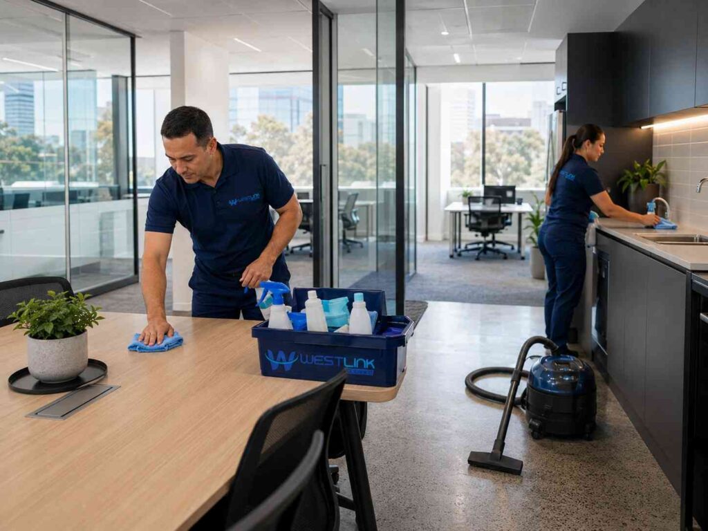 Westlink Cleaning Services team providing professional office cleaning with staff wiping desks and vacuuming workplace floors