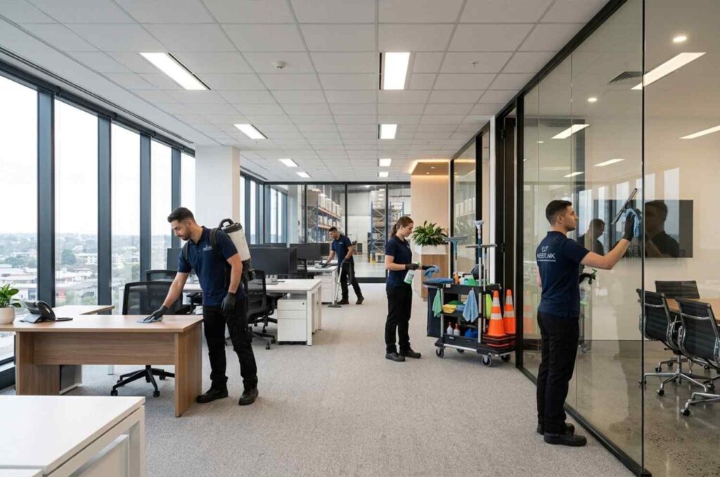 Westlink cleaners cleaning desks, carpet and glass partitions in a Bankstown office.