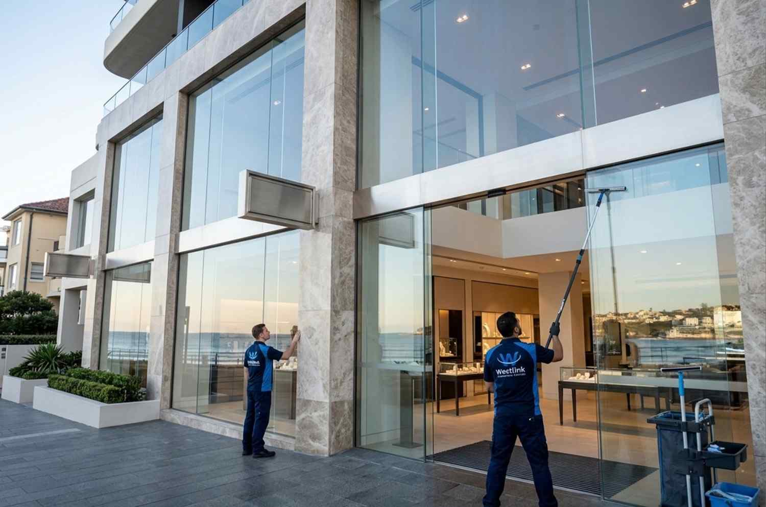 Westlink cleaners completing a one-off exterior glass clean at a commercial property.