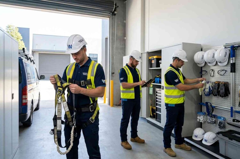 Westlink cleaning team preparing safety equipment for a commercial glass cleaning job.