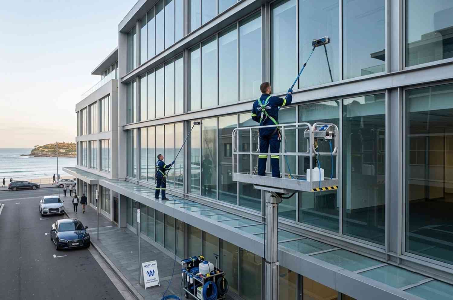 Scheduled commercial window cleaning using water-fed poles and an elevated platform.