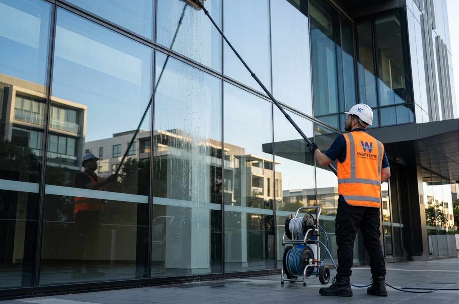 Technician cleaning high-rise office windows using a water-fed pole system.